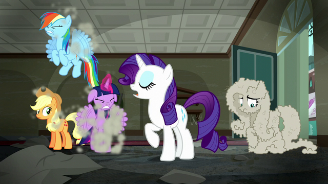 File:Rarity "No need to fret"; RD, AJ, and Twilight shakes dust off S6E9.png