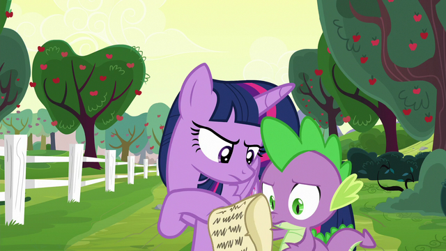 File:Twilight and Spike look at Spike's notes S6E22.png