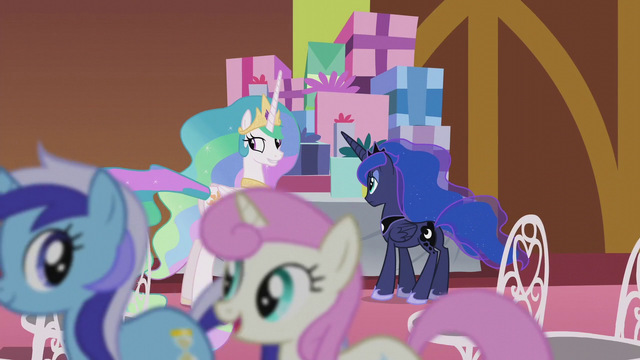 File:Celestia looking at ponies trotting past S5E9.png