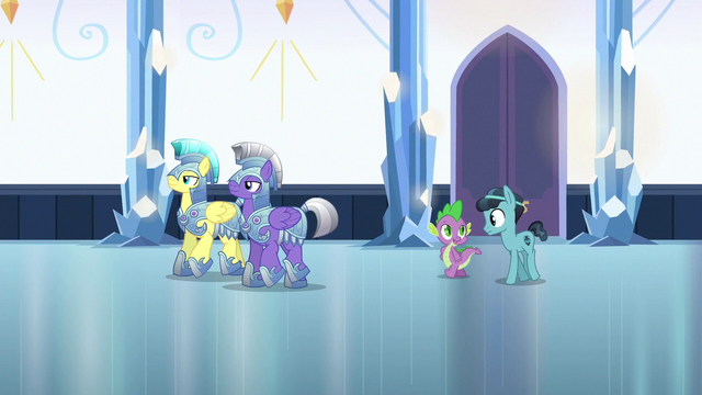 File:Spike and Crystal Hoof walk behind royal guards S6E16.png