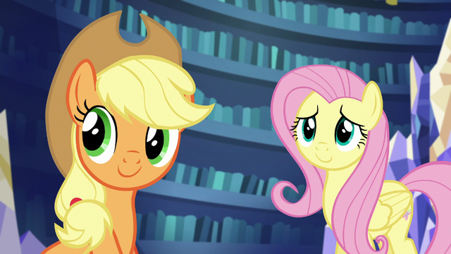 File:AJ and Fluttershy listen to Rarity S5E21.png