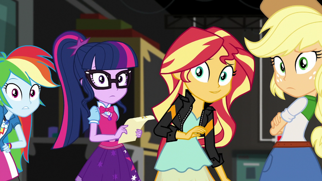 File:Rainbow, Twilight, Sunset, and AJ look at Fluttershy EGS2.png
