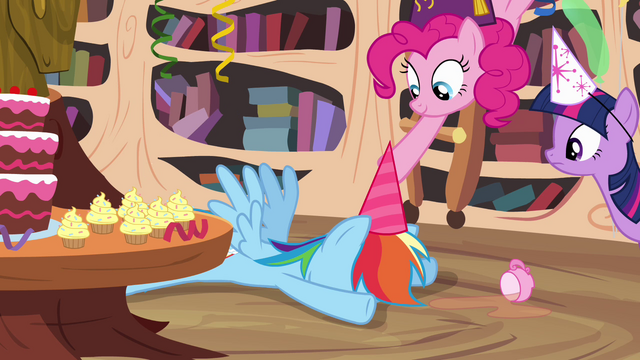 File:Pinkie Pie places hat on Rainbow's head S4E04.png