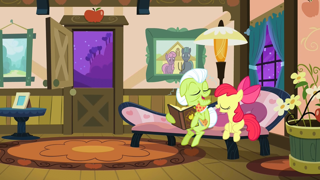 File:Granny Smith and Apple Bloom laughing at a photo S3E8.png