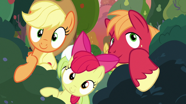 File:AJ, Apple Bloom, and Big Mac moving bushes aside S7E13.png