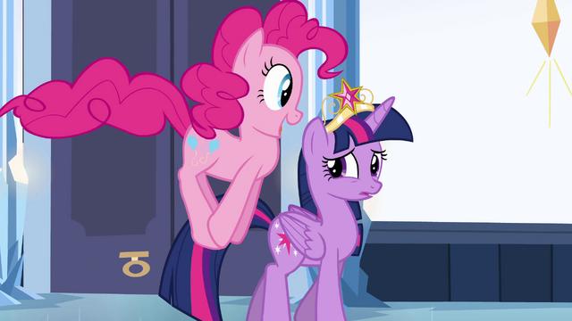 File:Pinkie Pie hopping next to Twilight EG.png