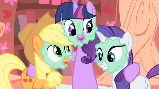 File:Twilight, Rarity and Applejack with mud masks S1E8.png