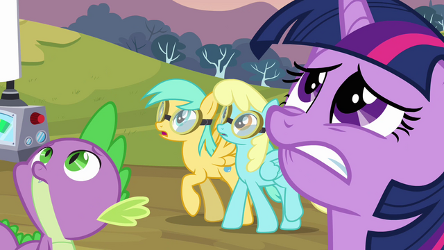 File:Twilight, Spike and two pegasi looking up S2E22.png