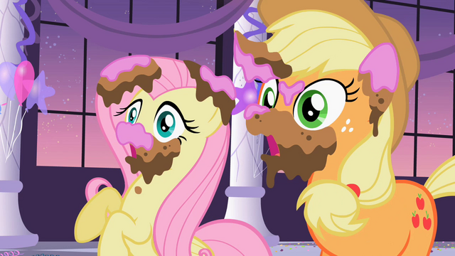 File:Applejack & Fluttershy covered in cake S2E9.png