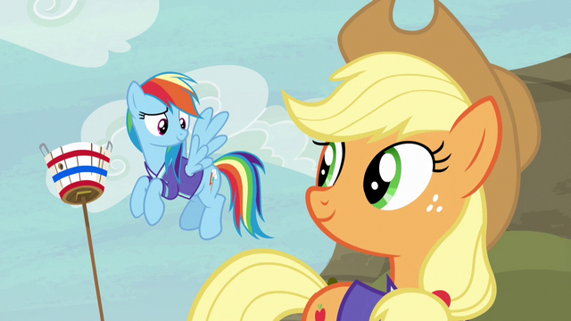 File:Rainbow and Applejack looking pleased S6E18.png