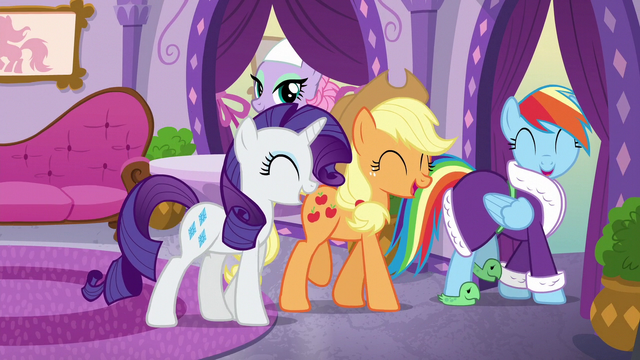 File:Rarity, Applejack, and Rainbow laughing together S6E10.png