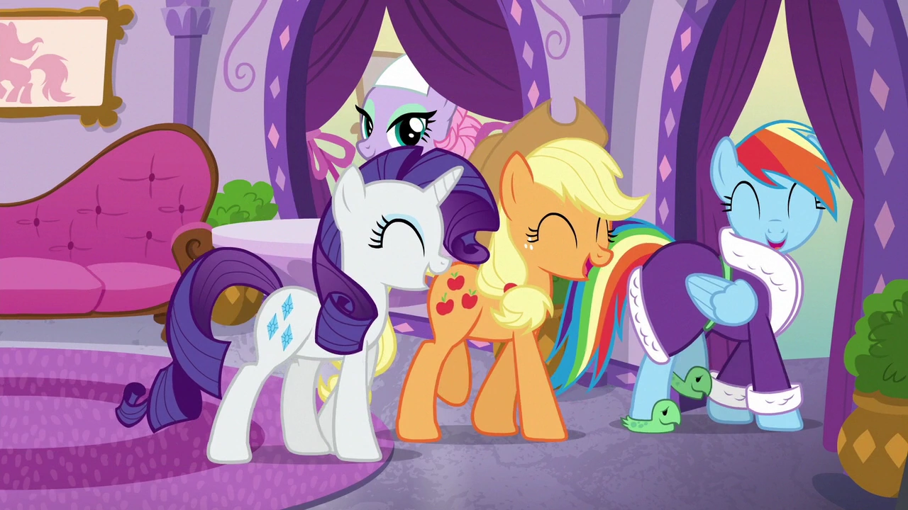 Image - Rarity, Applejack, and Rainbow laughing together S6E10.png | My
