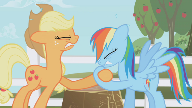 File:Rainbow Dash and Applejack hoof-wrestling again S1E3.png