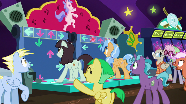 File:Ponies playing Dance Dance Revolution-like game S6E20.png