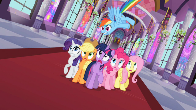 File:Main six ponies surprised S2E01.png