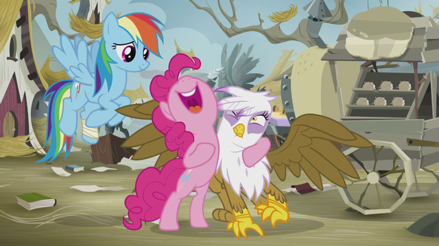 File:Pinkie holding Gilda uncomfortably close S5E8.png