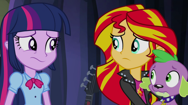 File:Twilight, Spike, and Sunset concerned EG2.png