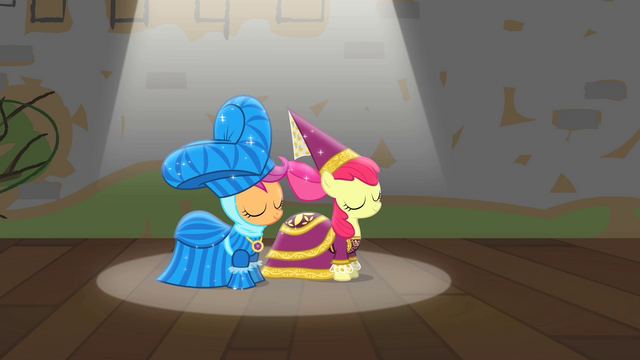File:Apple Bloom and Scootaloo with spotlight pointing at them S4E19.png