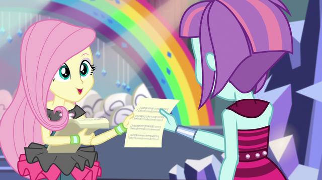 File:Fluttershy gives Sunny Flare a lyrics sheet EGS1.png
