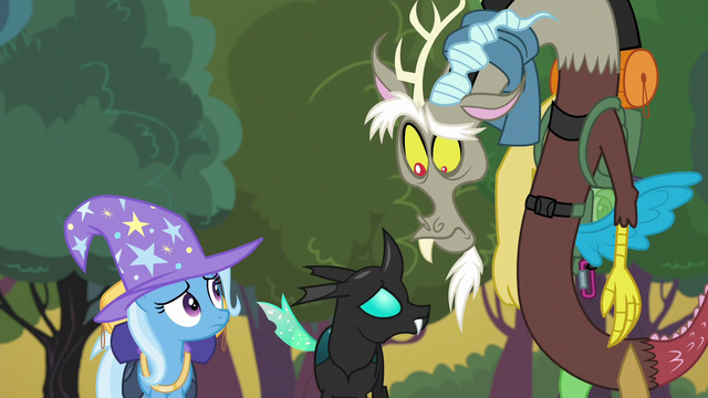 File:Trixie, Thorax and Discord look at each other S6E26.png