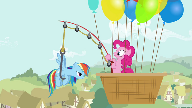 File:Pinkie Pie pulls Rainbow using a fishing rod S4E12.png