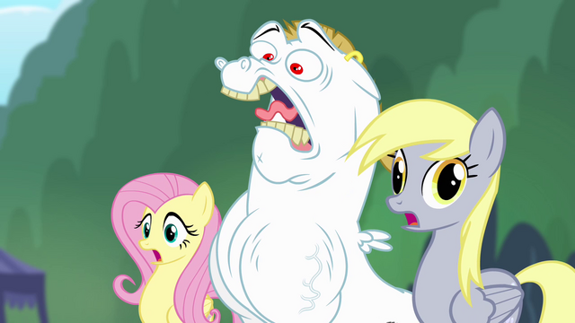 File:Fluttershy, Bulk, and Derpy shocked S4E10.png
