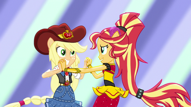File:Applejack and Sunset Shimmer dance together EGS1.png
