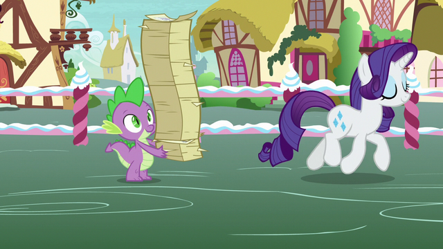 File:Spike holding restacked flyers; Rarity trots away S7E9.png