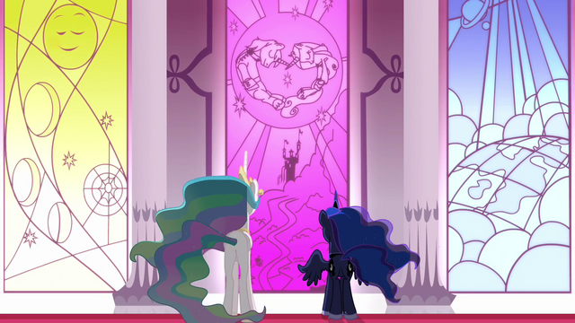 File:Celestia and Luna looking at the window depicting Shining Armor and Princess Cadance S3E01.png
