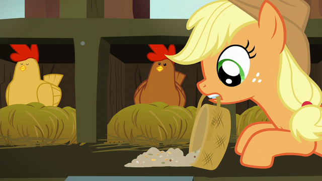File:Applejack spreads chicken feed in front of brown chicken S6E10.png