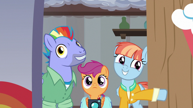 File:Scootaloo, Bow, and Windy enter Rainbow's old room S7E7.png