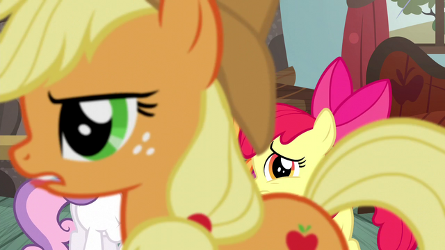 File:Applejack crosses in front of the Crusaders S5E6.png