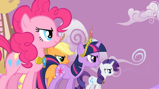 File:Applejack Twilight Sparkle Rarity Pinkie Pie Speech2 S2E2.png
