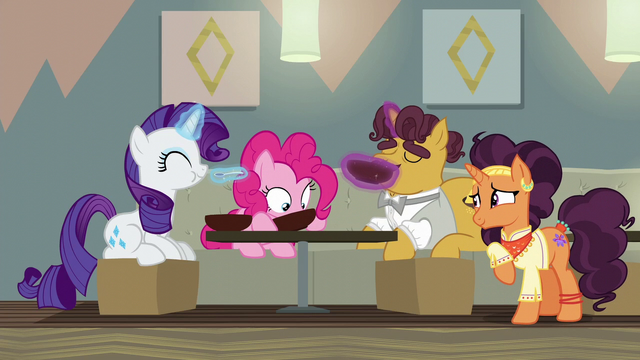 File:Rarity, Pinkie, and Coriander eating Saffron's soup S6E12.png