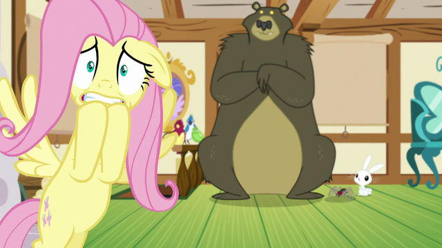 File:Fluttershy nervous with her animal friends S5E21.png