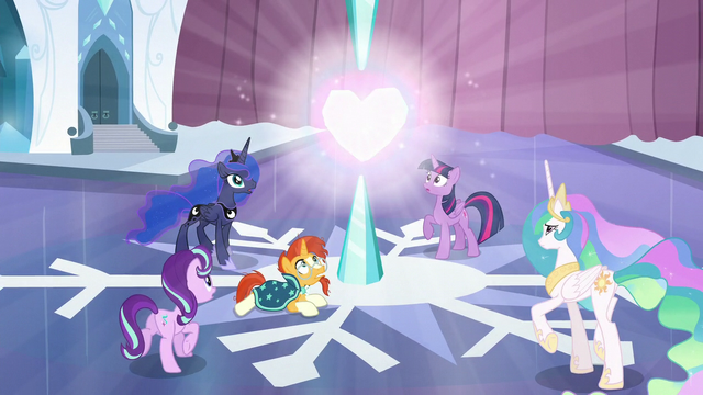 File:Starlight, Twilight, Luna, Celestia, and Sunburst look at the glowing Crystal Heart S6E2.png