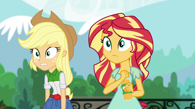 File:Sunset and Applejack look at empty parking lot EGS1.png
