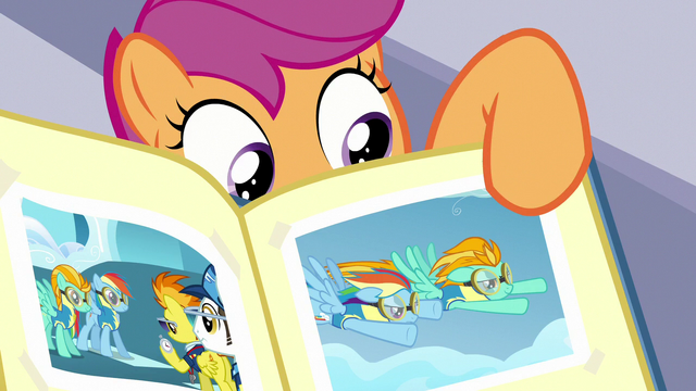 File:Scootaloo points to photo of Rainbow and Lightning Dust S7E7.png