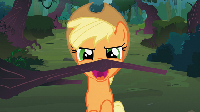 File:Applejack about to bite the tree branch S3E9.png
