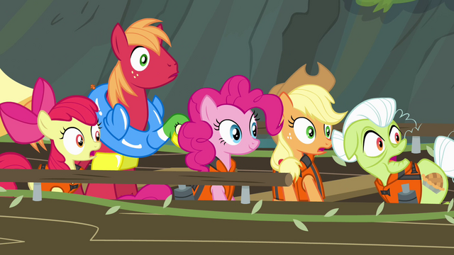 File:Pinkie Pie and Apples looking toward waterfall S4E09.png