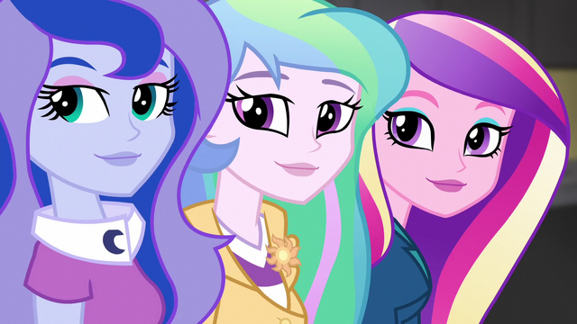 File:Celestia, Luna, and Cadance look at Wondercolts EG3.png