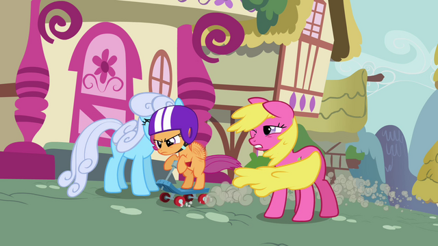 File:Scootaloo going past Shoeshine and Cherry Berry S3E6.png