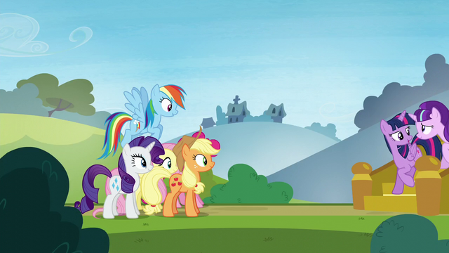 File:The Mane 5 sees Twilight and Starlight walking down the stairs S5E26.png