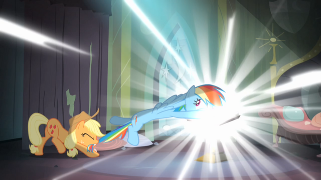 File:Applejack trying to pull Rainbow out of the comic book S4E06.png