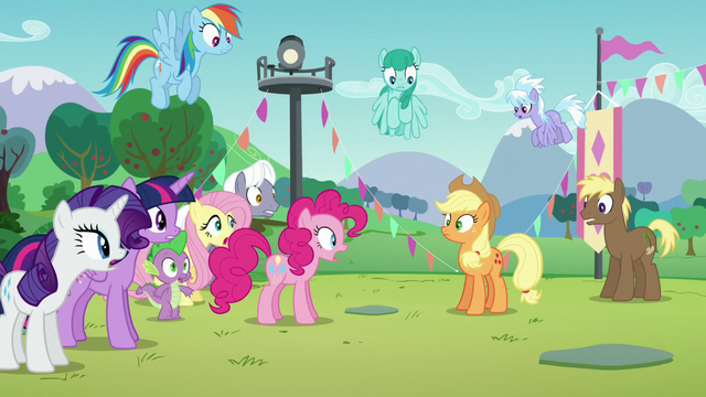 File:Other ponies surprised at Applejack referring to Coloratura as Rara S5E24.png