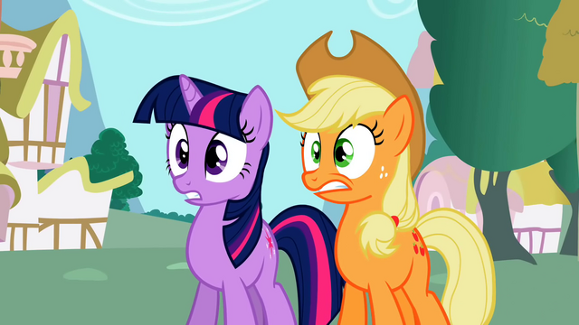 File:Twilight and Applejack in empty Ponyville S02E06.png