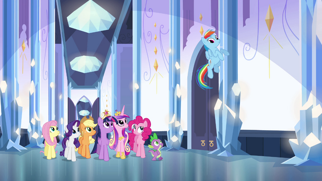 File:Main cast and Cadance walking in the palace EG.png