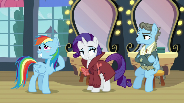 File:Rainbow blushes; Rarity looks at Wind Rider with a smug smile S5E15.png