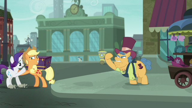 File:Applejack pushing Rarity away from merchant S5E16.png