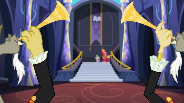File:Discord duplicates blowing trumpets S6E17.png